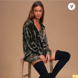 Lulu’s Dress Code Olive Green Plaid Velvet Burton-Up Shirt Dress